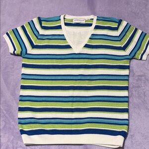 Alfred Dunner V-Neck Sweater Blue Green Striped